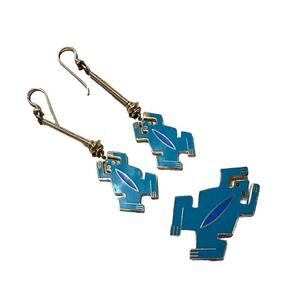 Vintage Laurel Burch Blue Teal Frog Earrings & Pin Jewelry Set